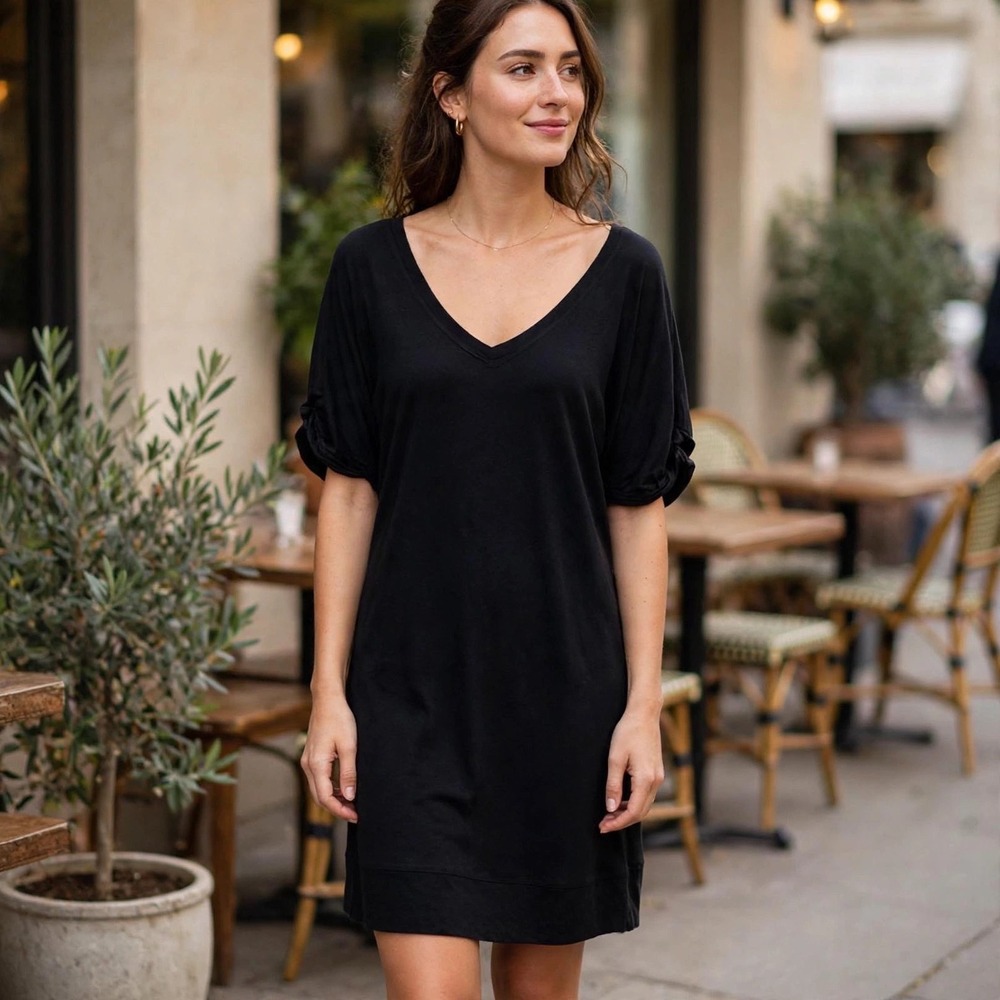 Express Black V Neck Short Sleeve Tunic Dress XS Cotton Modal Blend Casual